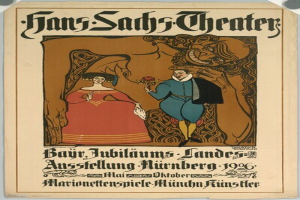 Plakat für das Hans-Sachs-Theater in München, Deutschland, mit einem formell gekleideten Mann und einer Frau nebeneinander vor einem tiefblauen Hintergrund mit Sternen.