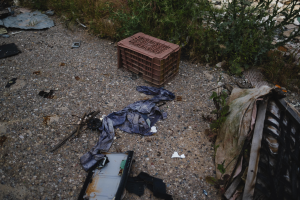 Ein Haufen Müll, darunter ein Plastikbehälter und Kleidung, liegt neben einem Zaun auf einer Deponie, mit Pflanzen und Gras im Hintergrund.