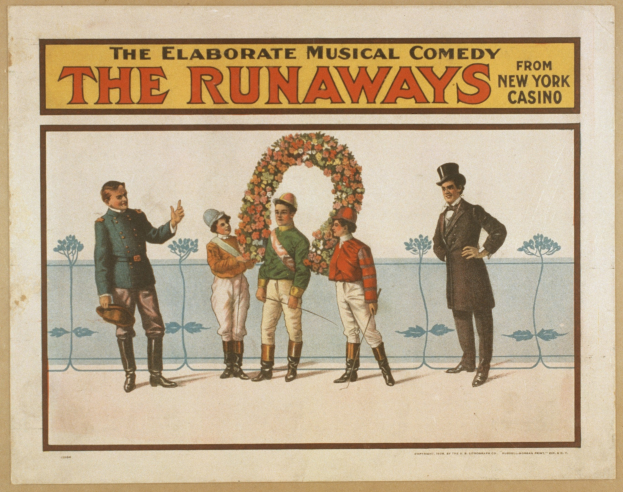 Plakat für "Elaborate Musical Comedy Runaways from New York Casino" mit einer Gruppe von Menschen in einer Reihe, einer zentralen Person mit einem Blumenstrauß und Werbetext.