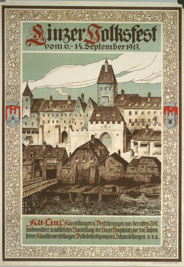 Altes deutsches Festivalplakat mit einer Burillustration umgeben von H├Ąusern und Text.