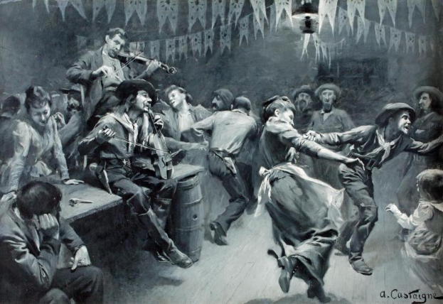 Ein Schwarz-Weiß-Gemälde von Menschen, die in einem Raum tanzen, einige sitzen, einige stehen, mit einem Tisch, einem Fass und einer hängenden Lampe, watermarkiert mit "A.C. Castaigne - Der Tanz der Toten" in der rechten unteren Ecke.