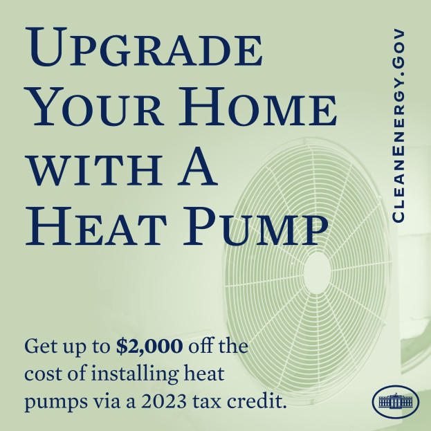 Plakat wirbt für Heizpumpentausch mit einem Bild einer Heizpumpe und dem Text "Upgrade Your Home with a Heat Pump."