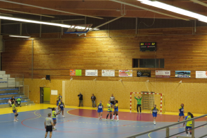 Eine Gruppe von Menschen, die Handball in einer Turnhalle mit sichtbarer Metallzaun, Torpfosten, Tür, Texttafeln, Anzeigebildschirm, Lautsprecherbox, Metallstangen und Deckenleuchten an der Decke spielen.