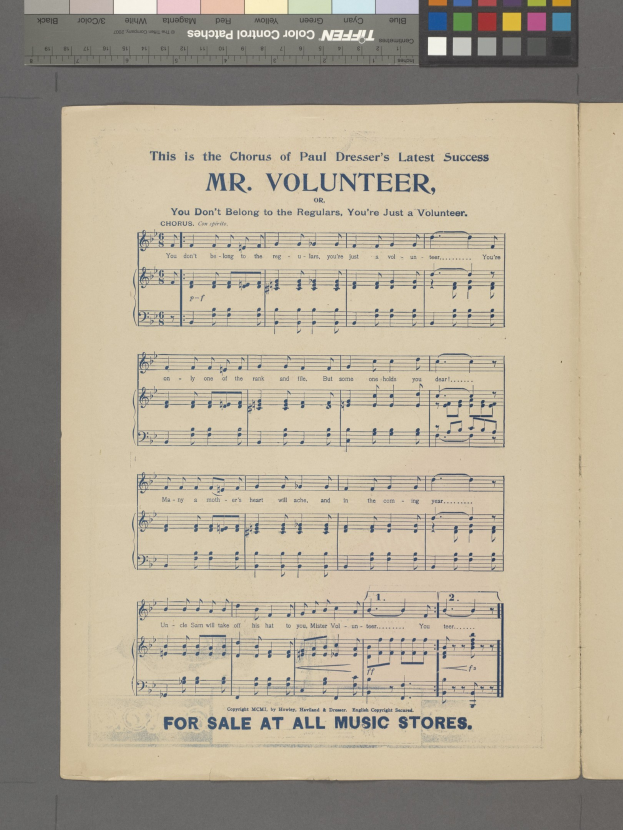 Offenes Buch mit dem Titel "Mr. Volunteer" mit musikalischen Symbolen und Text, das eine Farbpalette aus verschiedenen Blautönen, Grüntönen, Gelbtönen und Rottönen am oberen Rand zeigt.