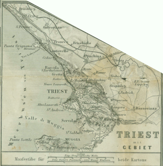 Ein detaillierter alter Stadtplan der Triest-Region in Deutschland, der geografische Merkmale wie Flüsse, Berge und Städte zeigt, mit begleitendem Text, der regionale Informationen liefert.