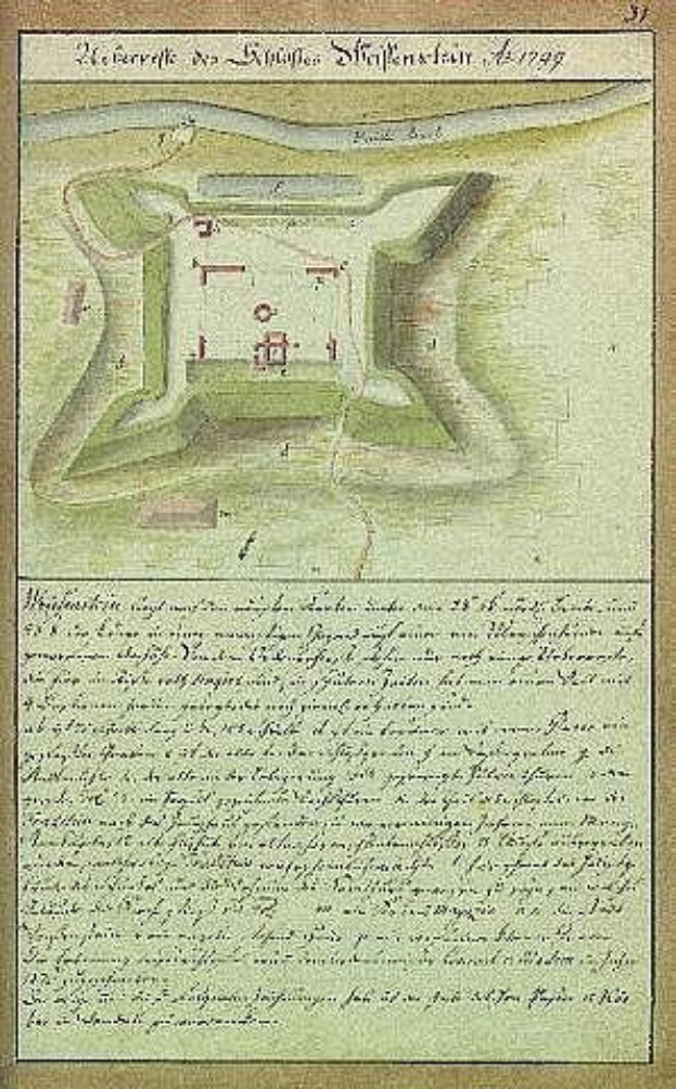 Eine alte Karte von Stuttgart, Deutschland, die eine Burg in der Mitte zeigt, mit begleitendem Text, der die Größe, den Standort und andere Merkmale der Burg beschreibt.