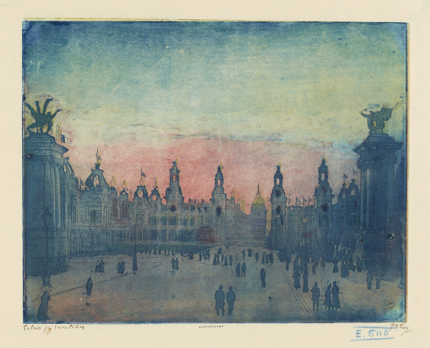 Gemälde einer Stadtplatz mit Passanten, umgeben von Gebäuden und Statuen, mit Text unten.