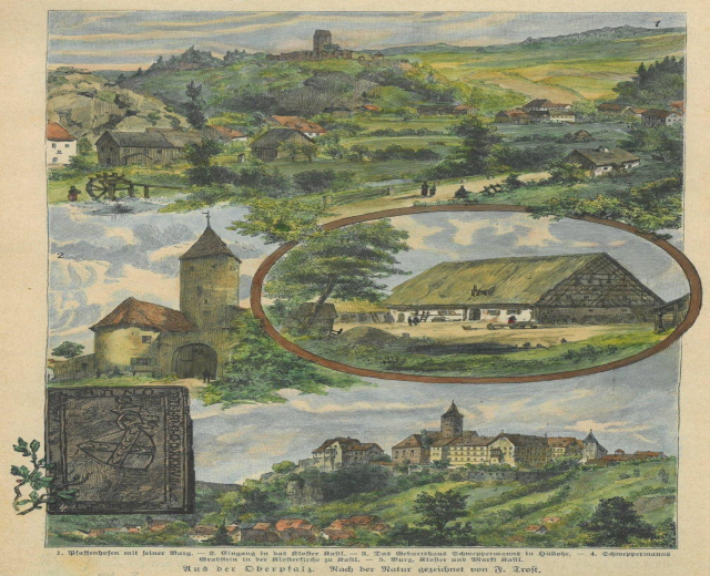 Ein altes Illustration eines deutschen Dorfes namens "Günterberg, Deutschland, 1857" mit Häusern, Bäumen, Hügeln und einem bewölkten Himmel.