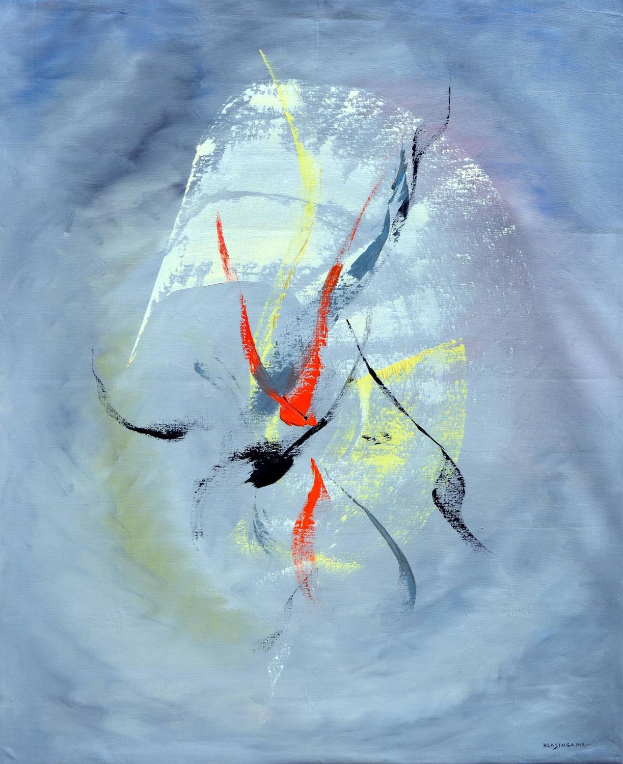 Abstrakte Acrylmalerei auf Leinwand mit grauen Tönen, blauem Hintergrund und roten und gelben Akzenten.
