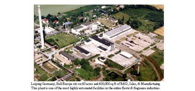 Luftaufnahme eines großen Industriegebiets in Leipzig, Deutschland, beschriftet mit 'Bell Europe', mit Gebäuden, Bäumen, Straßen und Infrastruktur.