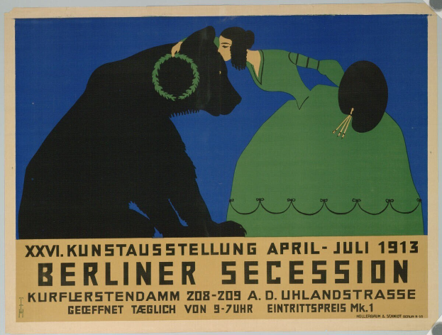 Plakat für die Ausstellung der Berliner Secession 1913, das eine Frau und einen Hund mit Text zeigt