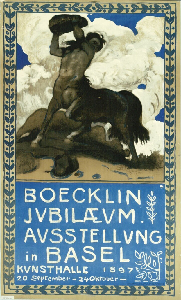 Plakat für ein Konzert in Basel, Schweiz, mit einem Gemälde von einer Person und einem Pferd und Text mit Veranstaltungseinzelheiten.