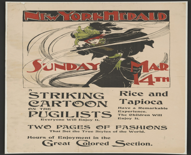 Plakat für den New York Herald am Sonntag, dem 14. März, mit einer Karikatur einer Frau mit menschlichem Gesicht und begleitendem Text.