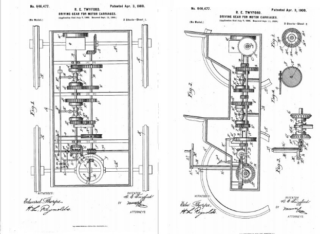 Schwarz-weißes technisches Zeichnung eines getriebegestützten mechanischen Geräts, die älteste bekannte Automobilpatentzeichnung, auf weißem Papier mit handschriftlichen Anmerkungen.