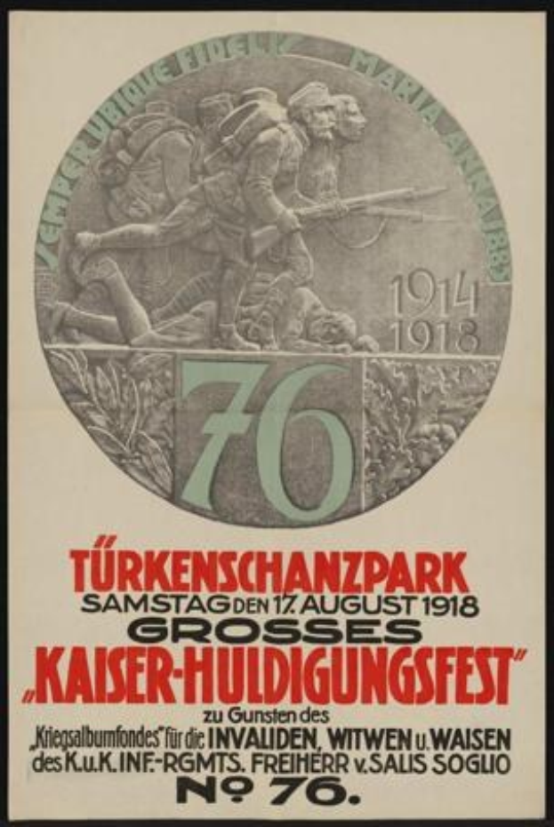 Plakat zum 70. Jubiläum des Kaiser-Huldigungsfestes in Berlin, Deutschland, mit einer Gruppe von Menschen in der Mitte und umgeben von Text und Zahlen, in einem klassischen Foto Rahmen.