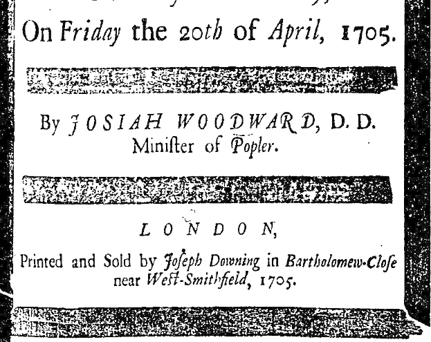 Schwarzes und weißes Plakat mit dem Text "Am Freitag, den 20. April 1705 von Joshua Woodward, D.D." darauf gedruckt.