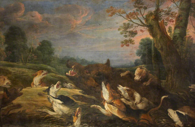 Ein Gemälde namens "Die Jagd auf den Wildschwein" von William Hogarth, das eine Gruppe von Hunden in einem bewaldeten Gebiet mit Bäumen, Pflanzen, Gras und einem bewölkten Himmel zeigt.