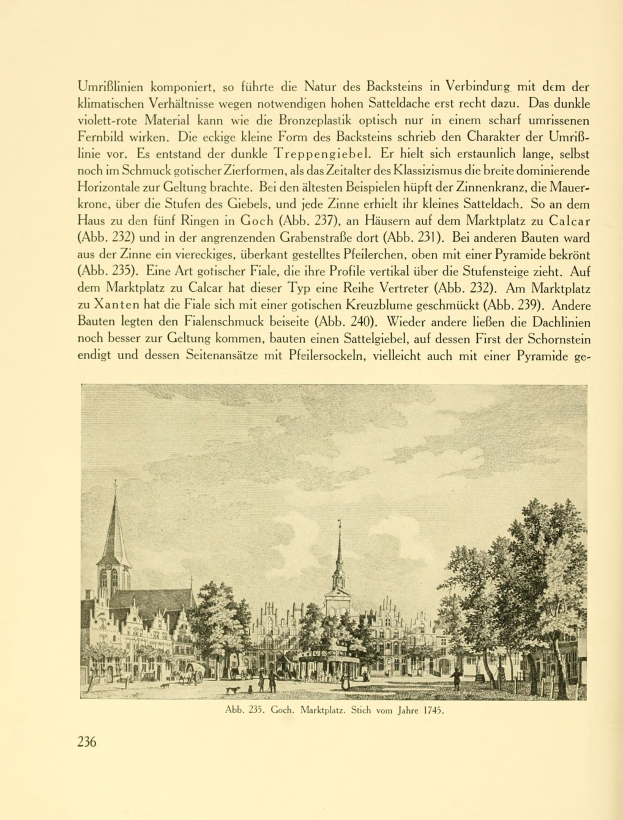 Offenes Buch mit einer detaillierten Zeichnung einer Stadtlandschaft, einschließlich Gebäuden, Bäumen und Menschen, neben begleitendem Text.