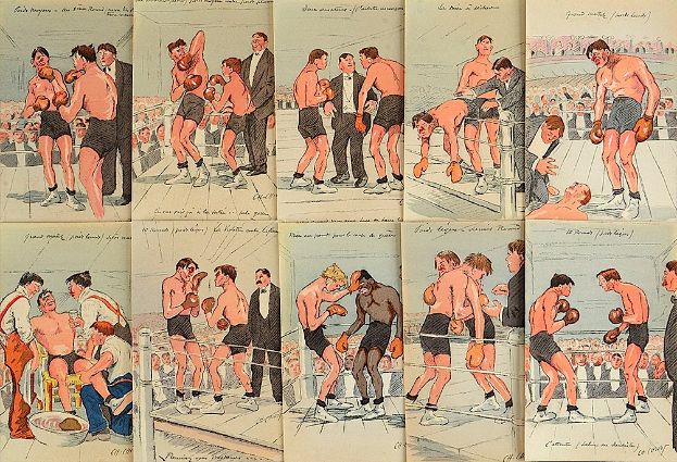 Buchumschlag zeigt einen Boxkampf in einem Ring mit mehreren Kämpfern in Handschuhen, die Punches austauschen, umgeben von einer Menge.