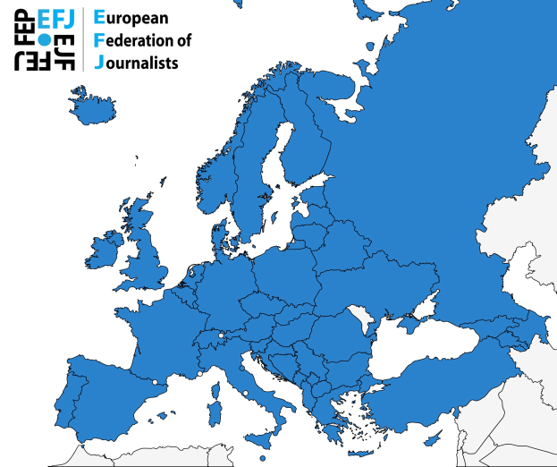 Eine Europakarte, die den Europäischen Journalisten-Föderation (EFJ) in Blau hervorhebt, mit zusätzlichen Textdetails.