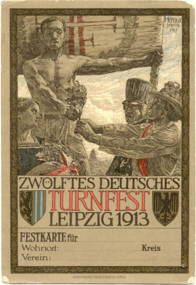 Plakat für das Zwölfte Deutsche Turnfest Leipzig 1913, das eine zentrale Gruppe von Menschen mit Texten über die Veranstaltung zeigt.