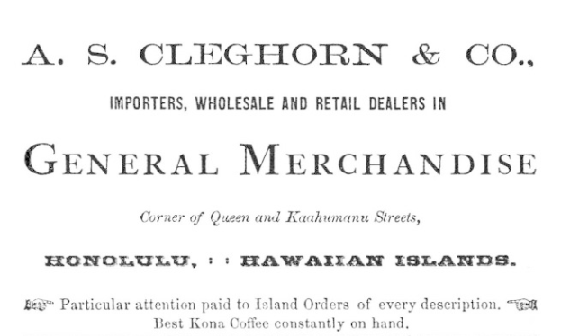 Schwarzer und weißer Papierbogen mit dem Text "A.S. Cleghorn & Co. Importeure, Groß- und Einzelhandelsgeschäft für Allgemeinwaren."