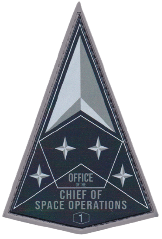 Ein rechteckiges Patch mit schwarzem Hintergrund und weißer, fetter, zentrierter Schrift, die den Text 'Office of the Chief of Space Operations' enthält.