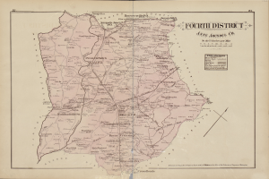 Ein detailliertes altes Kartenbild des vierten Distrikts der Vereinigten Staaten, das Straßen, Highways und andere Merkmale zeigt, mit Textinformationen zu Grenzen, Städten und Bevölkerung.