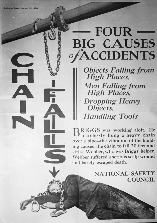 Schwarzer und weißer Plakat mit der Aufschrift "Vier gro├če Unfallursachen" mit einem Bild einer Person auf einem Pfahl mit Ketten.