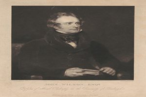 Porträt von John Wilson Esqr., Begründer der Moralphilosophie an der Universität Edinburgh, sitzend in einem Stuhl und ein Buch haltend, mit Text am unteren Bildrand.