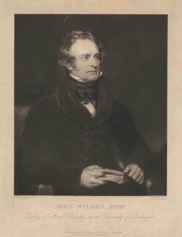 Porträt von John Wilson Esqr., Begründer der Moralphilosophie an der Universität Edinburgh, sitzend in einem Stuhl und ein Buch haltend, mit Text am unteren Bildrand.