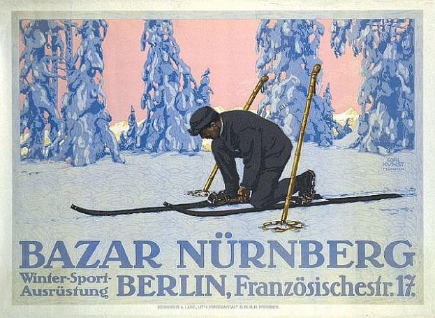 Plakat für den Bazar Nürnberg Winter Sport in Berlin, Deutschland, mit einer Person auf Skiern und Ski-Stöcken sowie Bäumen im Hintergrund.