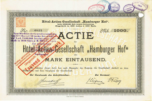Altes Aktienzertifikat mit einem roten Stempel, der "Hotel Actie Gesellschaft Hamburger Hof" lautet, und dekorativem Text und Stempeln.