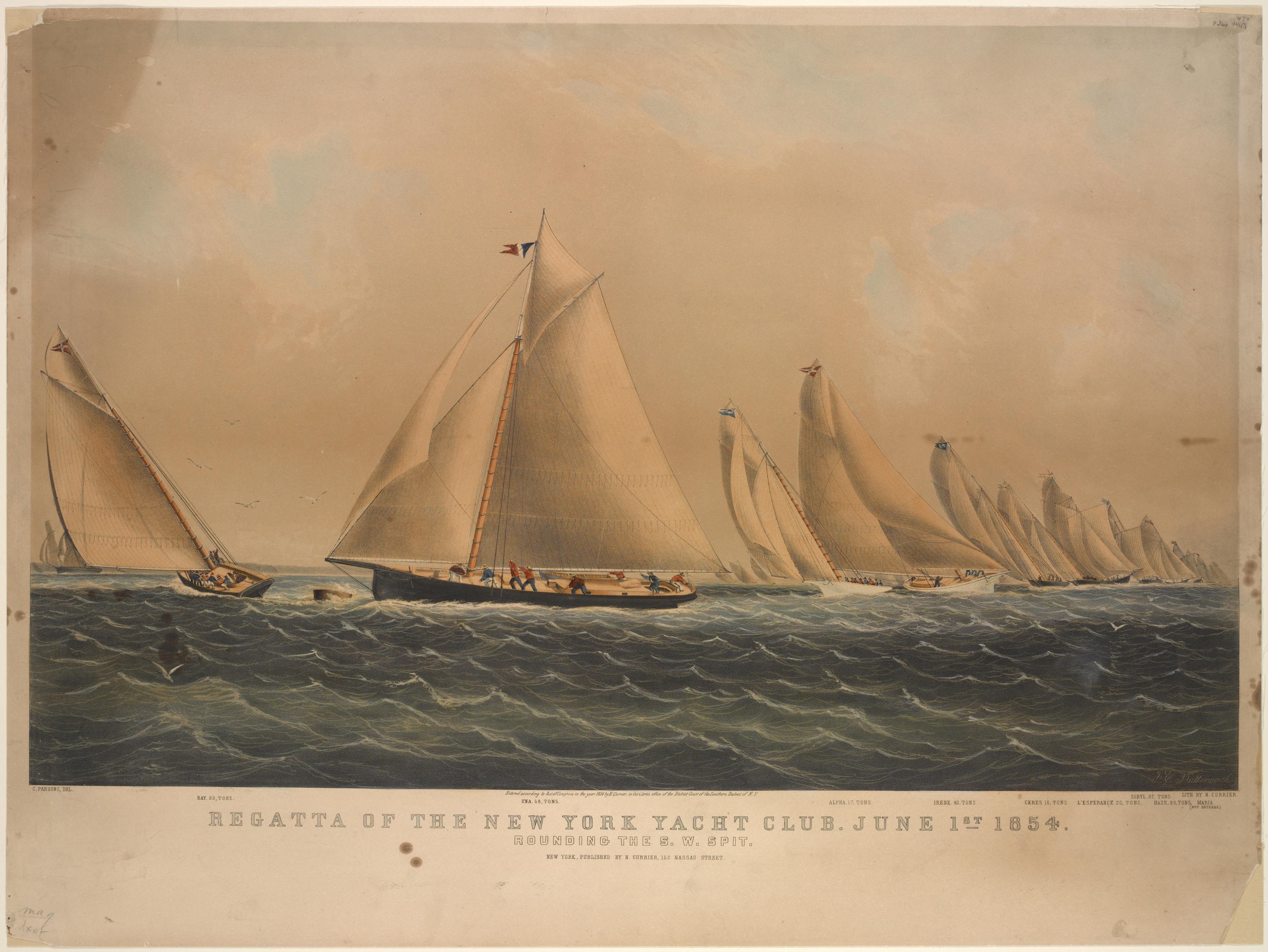 Regatta des New York Yacht Clubs mit Booten auf dem Wasser, Menschen an Bord, sichtbarem Himmel und Text auf Papier.