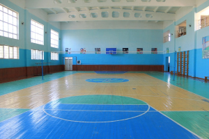 Großes Gymnastikgerät mit blauen und weißen Boden, Basketballfeld, Netz, Stützpfosten, Tür, Fenstern, Wandplakaten, Geländer und Dachkonstruktion.
