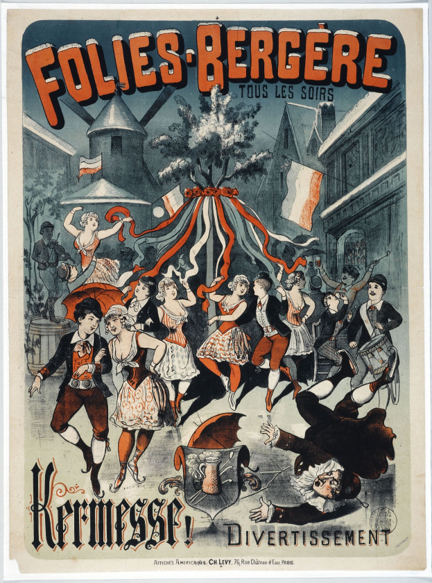 Plakat für das Folies Bergère-Festival in Paris, das tanzende Menschen im Vordergrund und Gebäude, Bäume und Flaggen im Hintergrund zeigt.
