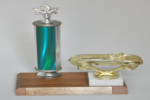 Ein glänzender, detailreicher Pokal mit einem Miniaturauto darauf, auf einer hellen Holzplatte montiert.