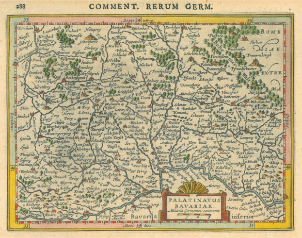 Alte Deutschlandkarte, die die Provinzen Pfalz und Bayern hervorhebt, mit handgeschriebenem Text auf dem Papier.