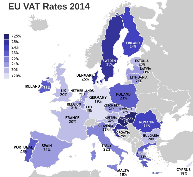 Karte von Europa mit EU-Mehrwertsteuersätzen für 2014 in Prozent und Textlabels.