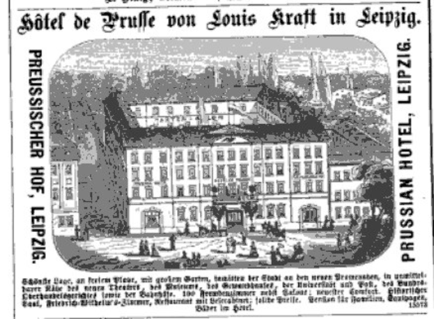 Schwarz-weiß-Anzeige für ein Leipziger Hotel mit einer Illustration des Gebäudes, umgeben von Bäumen und Menschen, begleitet von beschreibendem Text.