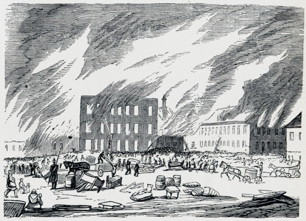 Eine Schwarz-Weiß-Zeichnung einer Menge vor einem brennenden Gebäude mit aufsteigendem Rauch, beschriftet mit "Brand des New Yorker Aktienmarkts".