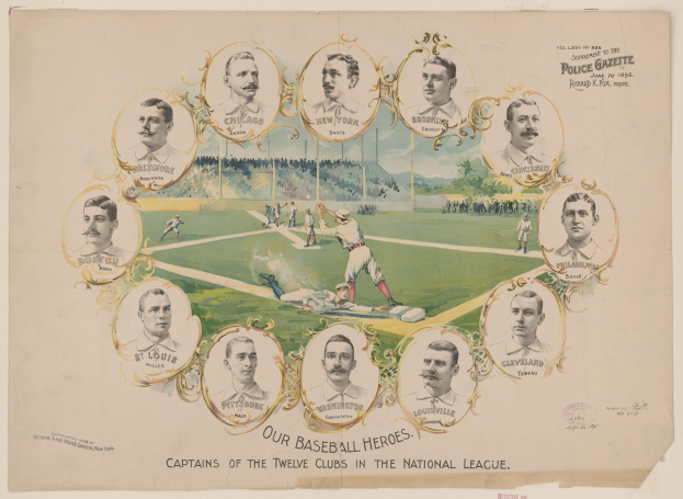 Plakat mit der Aufschrift "Unsere Baseball-Helden, Kapitäne der zwölf Clubs in der National League" mit einer Gruppe von Baseball-Spielern auf einem Feld mit einer Menge, Bäumen und einem klaren blauen Himmel.