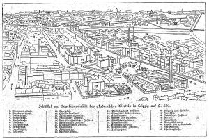 Schwarze und weiße architektonische Zeichnung von Berlin mit Gebäuden, Bäumen und Pfählen, beschriftet mit "Günstlers Plan von Berlin" unten.