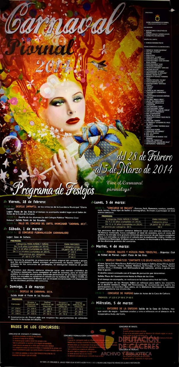 Eine Frau in einem bunten Kleid, die lächelt, umgeben von der fetten Schrift "Carnaval Festival 2014" auf einem leuchtend gelben Hintergrund.