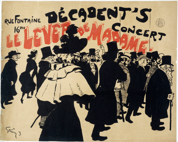 Ein Plakat, das ein Konzert in Paris, Frankreich, ankündigt, mit einer Gruppe von Menschen, einige tragen Hüte, mit dem Text 'Decadent's Le Lever de Madame'.