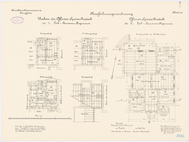 Grundrisszeichnung des ehemaligen Bundeskanzleramts in der Bundesrepublik Deutschland, mit detaillierten architektonischen Entwürfen und Anmerkungen.
