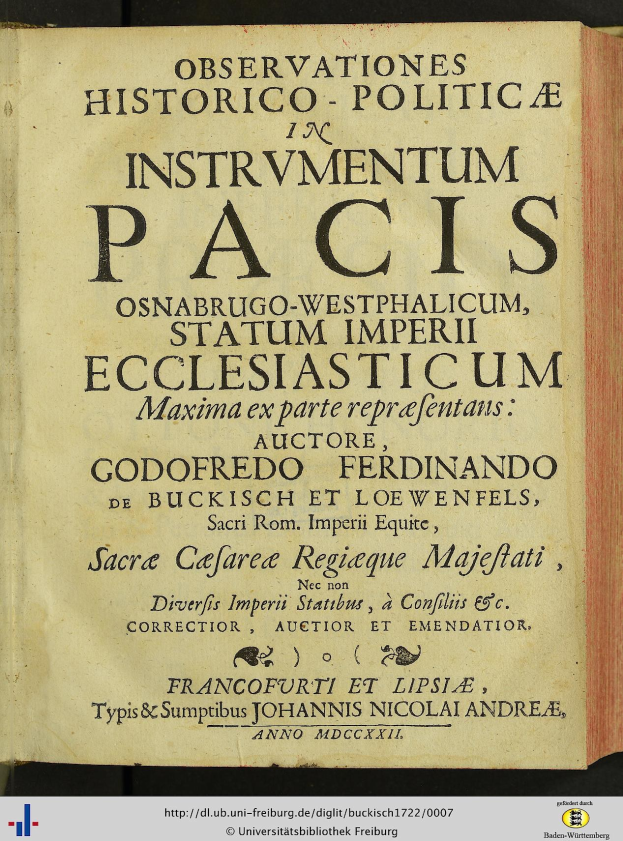 Altes Buch mit dem Titel "Beobachtungen Historico-Politica in Instrumentum Pacis" aufgeklappt mit schwarzer Tinte auf einer Seite innerhalb eines dekorativen Rahmens.