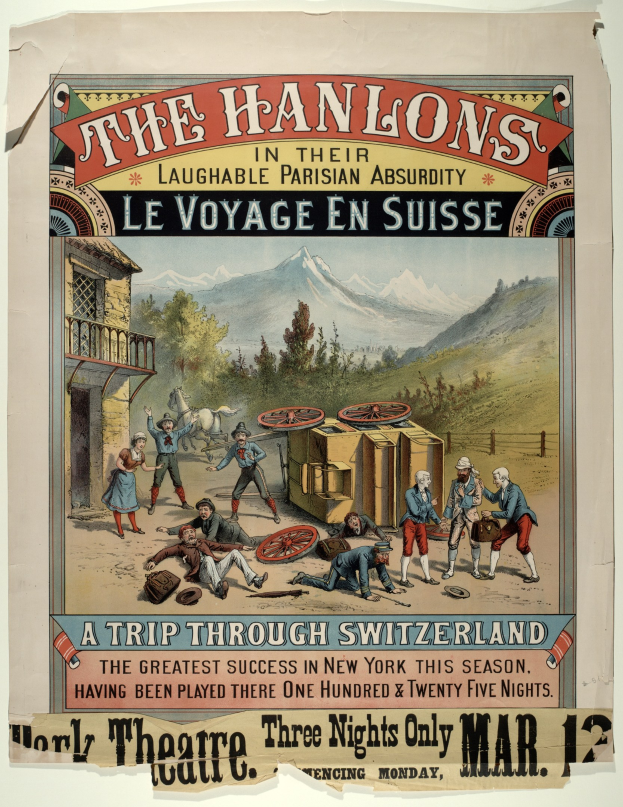 Plakatankündigung für "Hanlons lachhafte Pariser Absurdität Le Voyage en Suisse", das eine Gruppe von Menschen, ein Gebäude, Bäume, Hügel und einen Himmel im Hintergrund zeigt, sowie Text.