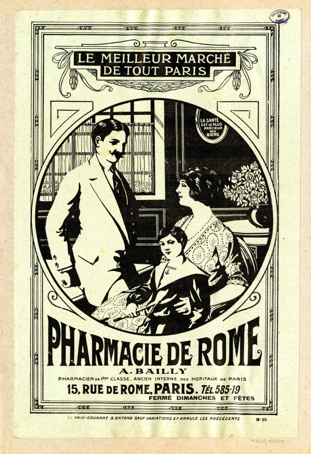 Schwarze und Wei├če Werbeplakat für eine Apotheke in Rom, das einen Mann und eine Frau zeigt, die nebeneinander stehen, mit Text, der die Apotheke und ihre Dienstleistungen beschreibt.