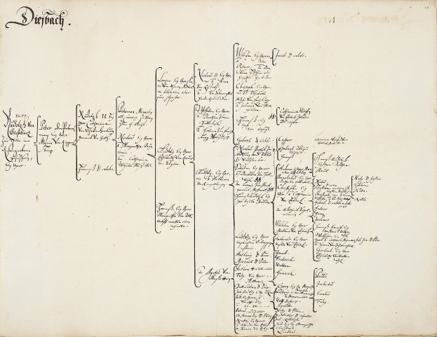 Offenes Buch mit handschriftlicher genealogischer Familiengeschichte einer deutschen Familie, das detaillierte Abstammung und Familienmitglieder zeigt.